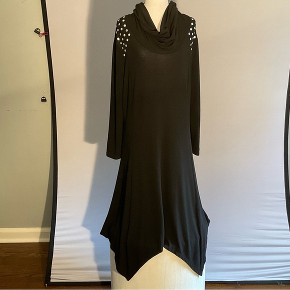 Blooming Rose Witchy 2X Black Jersey Maxi Dress Silver Dot Trim Bat Wing Hem - Picture 4 of 15